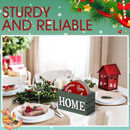 Queekay Coasters Set of 6 House Warming Gifts New Home Wooden Farmhouse Drink Coasters with Holder 4'' Funny Decoration for Kitchen Family Coffee Bar Tabletop Protection(Red,Green)