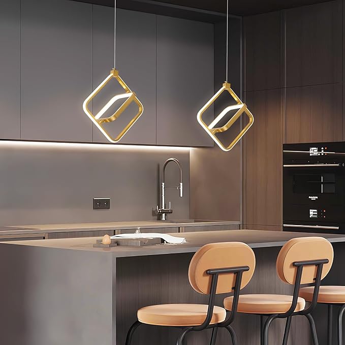 Modern LED Chandelier Gold Rectangular Pendant Light Fixtures 4000K 20W Dimmable Height Adjustable Pendant Lighting for Dining Room Kitchen Island Bedroom Living Room Foyer（1-Pack）