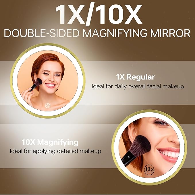9" Lighted Makeup Mirror with 1X 10x Magnification, 5000mAh Rechargeable Magnifying Vanity mirror with lights, 3 Lighting Color, Dimmable and Height Adjustable Cordless Cosmetic Mirror (10X Gold)