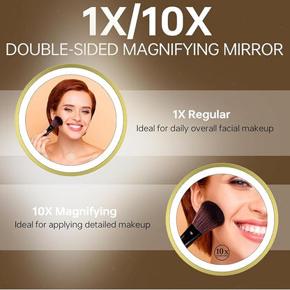 9" Lighted Makeup Mirror with 1X 10x Magnification, 5000mAh Rechargeable Magnifying Vanity mirror with lights, 3 Lighting Color, Dimmable and Height Adjustable Cordless Cosmetic Mirror (10X Gold)