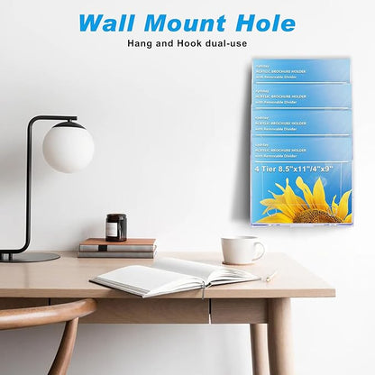 Acrylic Brochure Holder 8.5x11 Inches, 4 Tier Clear Brochure Display Stand , pamphlet holder with Divider for 4’’ Flyer Magazine, Document Paper Literature Holder,Wall Mount for Office, Store