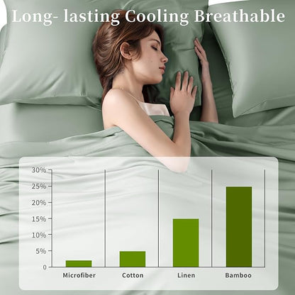 Shilucheng 100% Viscose Derived from Bamboo_ Sheets Queen Size 6pcs - Ultra Cooling & Silky Soft Bed Sheets, 16" Deep Pocket, Perfect for Hot Sleepers, Hotel Bedding Sheets (Sea Glass)