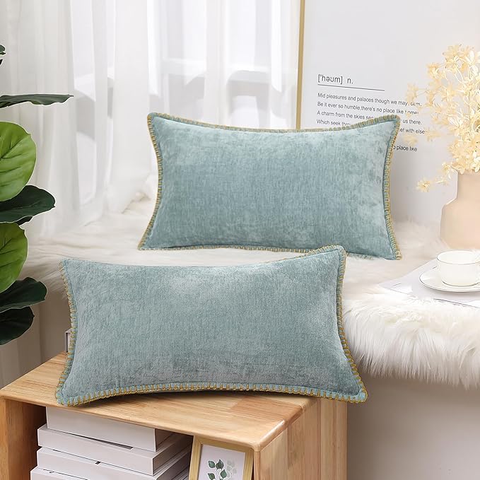decorUhome Spring Chenille Soft Throw Pillow Covers 12x20 Set of 2, Lumbar Velvet Farmhouse Neutral Decorative Pillow Covers with Stitched Edge for Couch Sofa Bed Home Decor, Aqua Haze