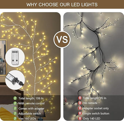 160LED Plug-In Vine Lights With Remote - Indoor Artificial Plants Flowers Tree Willow Decor for Walls, Bedroom, Living Room, Kitchen, Coffee Shop - Warm White (White)
