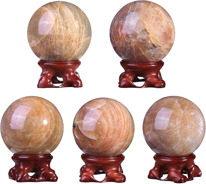Nupuyai Natural Orange Moonstone Crystal Ball with Resin Stand, Healing Crystal Sphere for Home Decor 2.01"-2.36"(51mm-60mm)