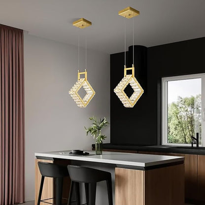 Kitchen Island Mini Light Fixture Modern Led Crystal Pendant Light Gold Square Chandelier for Dining Room Living Room Kitchen Bedroom Bar（1-Pack）…