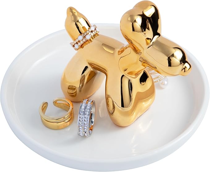 OSOPOLA Ceramic Golden Dog Jewelry Tray - Decorative Ring Holder Dish Key Tray Cute Jewelry Plate Trinket for Earrings,Necklaces,Women,Home Decor,Christmas Birthday Mother's Day Gifts HE02DG