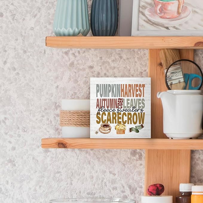 Autumn Harvest Pumpkin Decor Wood Box Sign Desk Decor, Cozy Fall Seasonal Decor, Farmhouse Fall Leaves Wooden Block Sign Decorations for Home Bedroom Kitchen Wall Tabletop Shelf Decor