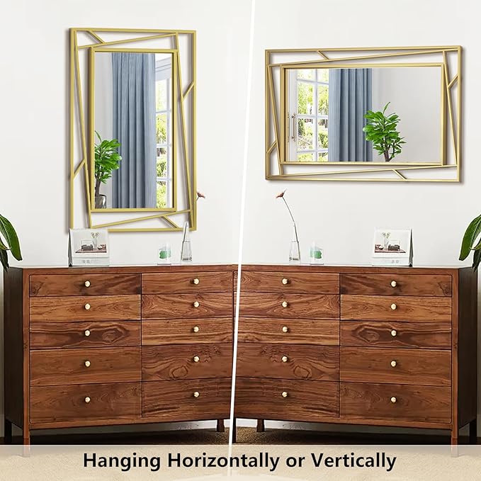 Brushed Gold Bathroom Mirror, 28''X20'' Rectangular Wall Mirrors with Geometric Metal Frame for Bathroom Bedroom Living Room, Hang Horizontally or Vertically