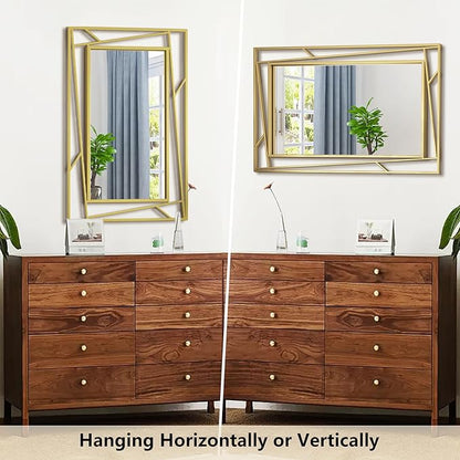 Brushed Gold Bathroom Mirror, 28''X20'' Rectangular Wall Mirrors with Geometric Metal Frame for Bathroom Bedroom Living Room, Hang Horizontally or Vertically