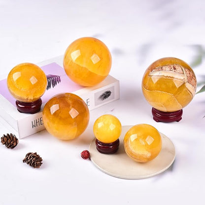 JIC Gem Yellow Fluorite Crystal Ball with Wooden Stand Yellow Healing Crystal Sphere Ball for Feng Shui Decor Spiritual Gifts 60-70mm
