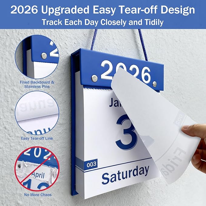 2026 Daily Wall Calendar, Page per Day with Large Print Dates, 365 Day Tear off Wall Calendar for Seniors Gift Home Office School Dorms, 8.5" x 6", Tear Away Calendars with Hanging String, Blue