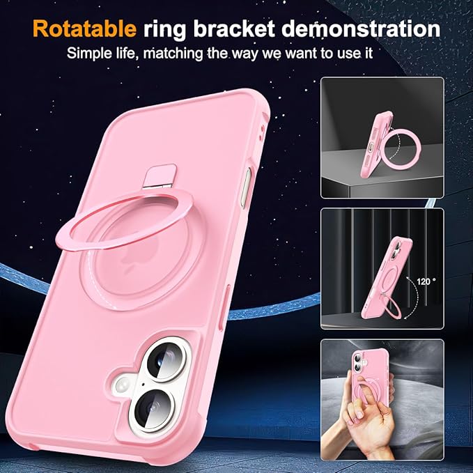 Compatible with iPhone 16 Plus Case with Invisible Magnetic O-Ring Stand Military-Grade Translucent Case for iPhone 16 Plus 6.7" [Compatible with Mag-Safe][Great Grip Feeling], Pink