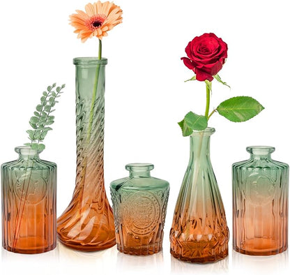 Vintage Glass Bud Vases, Set of 5 – Gradient Green Small Flower Vases for Wedding, Party, and Home Decoration