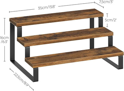 Spice Rack, 3 Tier Wooden Display Riser Stand, Kitchen Storage Organizer for Spices, Versatile Display Shelf, Space Saving, for Kitchen Countertop and Cabinet, Rustic Brown SR03L2BR