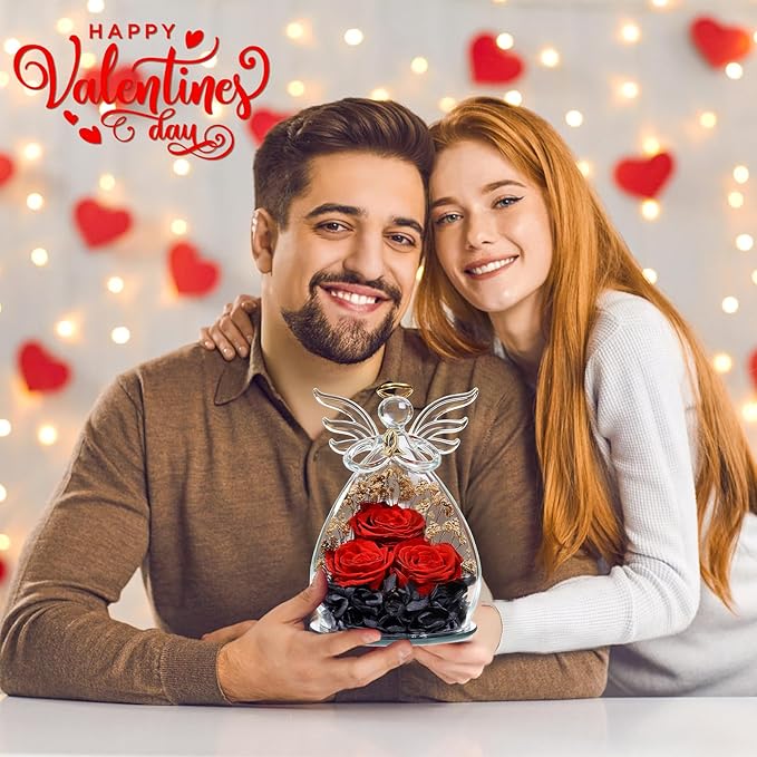 Beferr Valentines Day Rose Gifts for Her Women Mom Gifts for Birthday, Fresh Flowers for Delivery Prime Forever Preserved Rose in Glass Angel Figurine, for Grandma Wife Kids Daughter