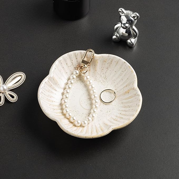 Flower Shape Ring Tray, Key Bowl, Ceramic Trinket Tray Decorative Jewelry Dish for Rings Necklace Earring Key Watch, Home Decoration for Friend Sister Mom