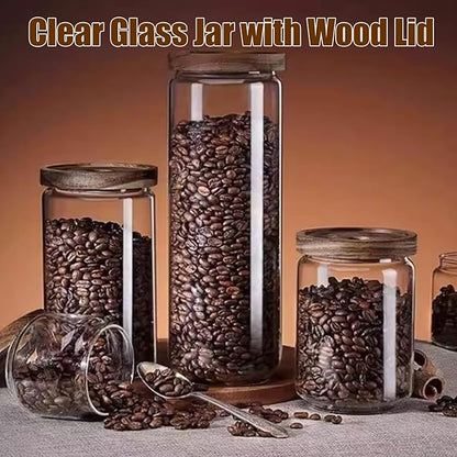 Viovian 10 OZ Glass Jar with Wooden Lid Clear Glass Coffee Storage Jars Airtight Kitchen Food Canister for Sugar Candy Cookie Spice Nuts Tea 300ML