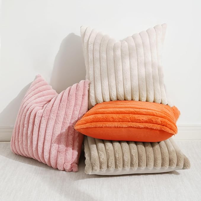 decorUhome Faux Fur Spring Throw Pillow Covers 22x22 Set of 2, Decorative Soft Plush Striped Neutral Couch Euro Sham Pillow Covers with Velvet Back for Sofa, Bed, Living Room Home, Beige