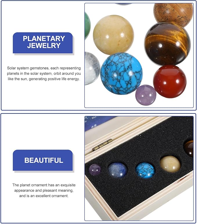 Garneck Mineral Nine Planets Solar System Decor Set with Natural Crystal Spheres, Round Planet Stones Desktop Adornments for Science Education and Home Display in Wooden Box