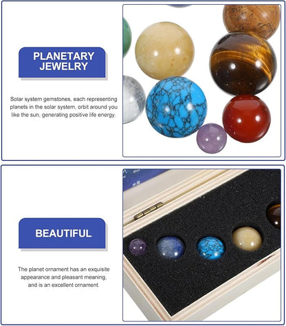 Garneck Mineral Nine Planets Solar System Decor Set with Natural Crystal Spheres, Round Planet Stones Desktop Adornments for Science Education and Home Display in Wooden Box