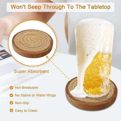 Coasters for Drinks Absorbent Sets of 5, Woven Coasters with Holder, Housewarming Gift for Farmhouse Home Decor, 4 inches