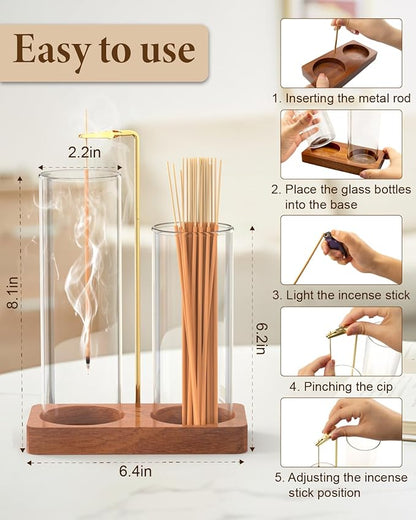 Incense Holder, Large 2 in 1 Incense Sticks Holder, Upside Down Wooden Incense Burner Holder with Glass Ash Catcher & Incense Storage for Meditation Yoga Spa Home Decor, with 20 Incense Sticks & Brush