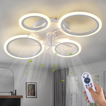 HuixuTe 26" White Geometric Circular Ceiling Fan with Lights Remote Control, 3 Colors 6 Speeds Low Profile Ceiling Fan with Light for Kitchen Bedroom