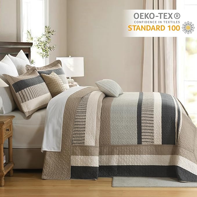 Finlonte Bedspread King Size 100% Cotton Oversized King Size Bedspreads Charcoal Brown Beige Extra Super King Quilted Bed Spread Striped Farmhouse Lightweight Soft Bedding Set for All Season, 3 Piece