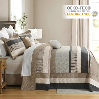 Finlonte Bedspread King Size 100% Cotton Oversized King Size Bedspreads Charcoal Brown Beige Extra Super King Quilted Bed Spread Striped Farmhouse Lightweight Soft Bedding Set for All Season, 3 Piece