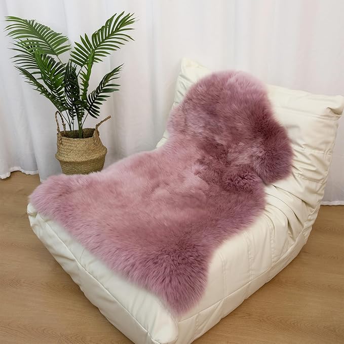 Genuine Sheepskin Rug New Zealand Fluffy Lambskin Rug, Natural Luxury Sheepskin Throw for Bedroom Living Room Children's Room - Premium Area Rug Chair Cover (2×3 Feet, Misty Pink)