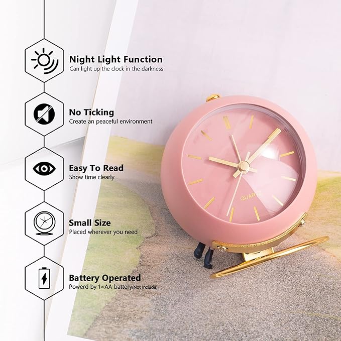 AYRELY® Battery Operated Desk Alarm Clocks with Light,Retro Silent No Ticking Analog Small Clock,Loud Table Clock for Bedside/Bedroom/Kitchen/Office/Travel/Kids/Room Decor Aesthetic Vintage(Pink)
