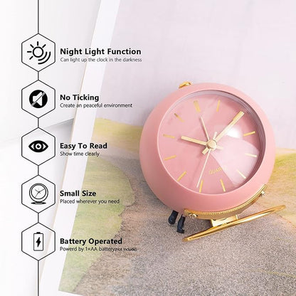 AYRELY® Battery Operated Desk Alarm Clocks with Light,Retro Silent No Ticking Analog Small Clock,Loud Table Clock for Bedside/Bedroom/Kitchen/Office/Travel/Kids/Room Decor Aesthetic Vintage(Pink)