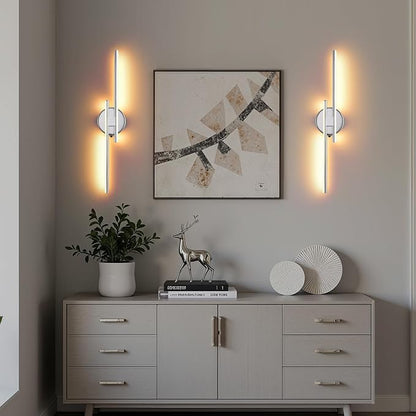 Rechargeable Battery Operated Wall Sconce Set Of Two, Chrome Wireless LED Wall Sconces With Remote Control, Dimmable 3 Colors Cordless wall lights for Living Room, bedroom, Hallway, 23.6 Inch ( 2pcs)