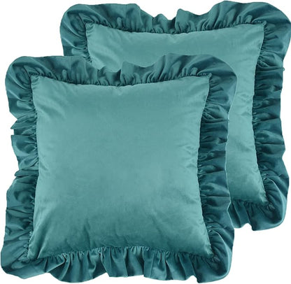 Velvet Ruffle Throw Pillow Covers Couch, Set of 2 Decorative Pillowcases with Ruffles 18x18 Inch Solid Color Shabby Chic Farmhouse Cushion Cover for Living Room Sofa Bed, Turquoise