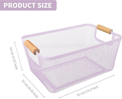 PTSGCAI 2Pack Metal Mesh Steel Basket with Bamboo Handle - Wire Metal Basket for Kitchen Organization, 12" Wide Food Organizer Bin, Perfect for Organizing Bulk Pantry (Purple)