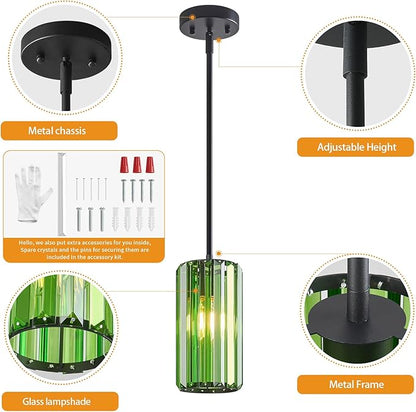 Modern Crystal Pendant Light Mini Dark Green Chandeliers Adjustable Pendant Lights Fixture for Kitchen Island Dinning Room Corridor Bedroom(Dark Green 3-Pack)