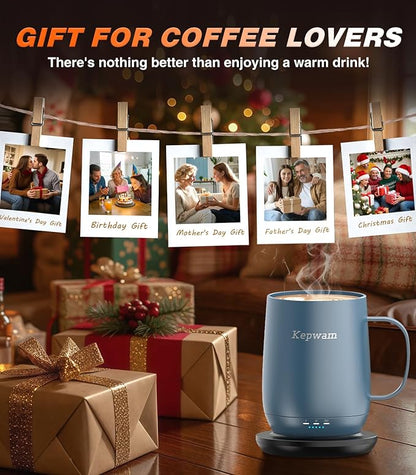 Kepwam Self Heating Coffee Mug T2, 16oz Smart Heated Coffee Mug, 150 Min Battery Life - Hot up to 149℉ Temperature Control Coffee Mug Warmer, Gifts for Dad Mom (No APP)