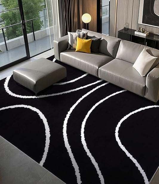 YIHOUSE Black Modern Area Rug 6x9,Abstract Rugs for Bedroom,Black and White Geometric Rug,Minimalist Wave Rug,Dark Washable Area Rugs 6x9 Non Slip Rugs for Living Room，Office
