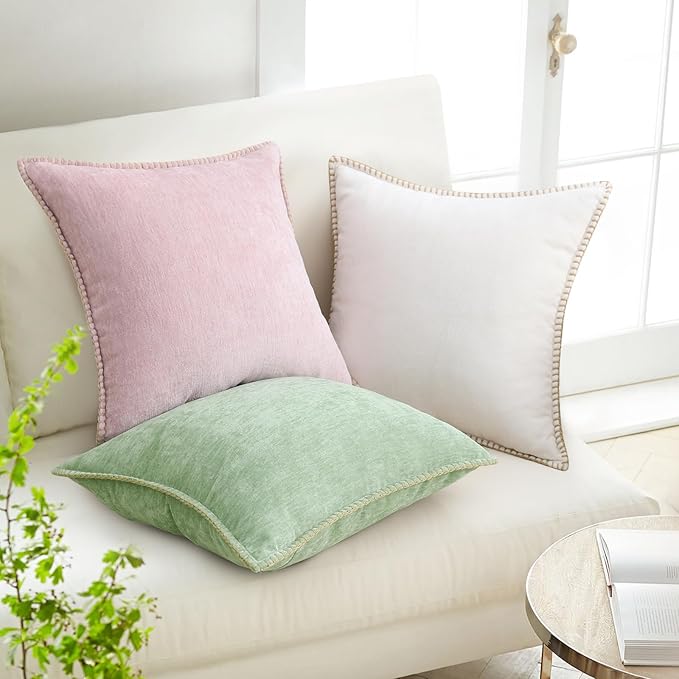 decorUhome Spring Chenille Soft Throw Pillow Covers 20x20 Set of 2, Farmhouse Velvet Neutral Decorative Pillow Covers with Stitched Edge for Couch Sofa Bed Home Decor, Cream White