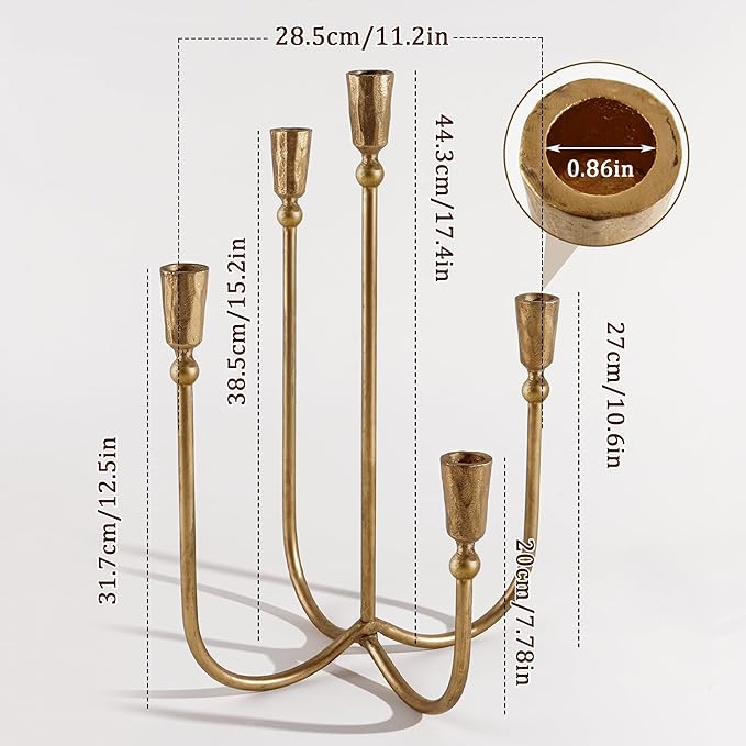 Cast Iron Candelabra 5-Taper Candle Holders, Candlestick Holders Tabletop Candles Stand, Decorative Table Centerpieces Mantel Decor, Antique Brass