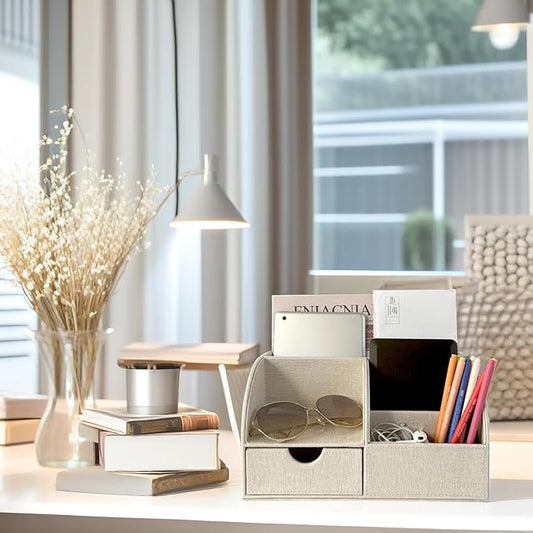 UnionBasic Desk Organizer - Multifunctional Leather Desktop Pen Holder Storage Box - Business Card/Pen/Pencil/Mobile Phone/Stationery Holder, Beige Linen Texture Revised