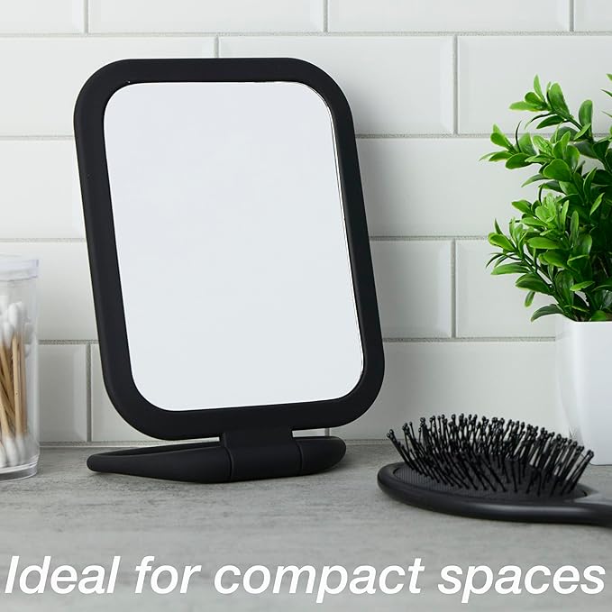 EXPRESSIONS Premium Soft Touch Rotating Mirror 1x 2X Magnification - Rectangle Black Vanity Handheld Tabletop Makeup Small Desk Travel