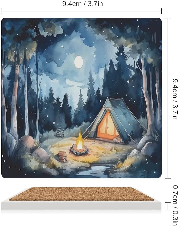 Forest Drink Coasters, Square Ceramic Drink Coaster Square-6PCS, Watercolor Mountain Forest Nature Tree Woodland Camping Decor Absorbent Ceramic Coasters for Beverage Cup, Bar, Coffee Table