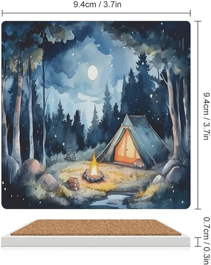 Square-4PCS Forest Ceramic Coasters, Square Absorbent Drink Coasters, Watercolor Mountain Forest Nature Tree Woodland Camping Ceramic Table Coasters for Coffee, Beverage, Wine, Beer Coasters