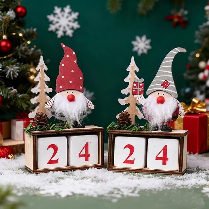 Christmas Wooden Countdown Calendar with Number Blocks – Santa Gnome Tabletop Advent for Christmas and Everyday Use | Holiday & Daily Decoration for Home, Office, Classroom (Red)