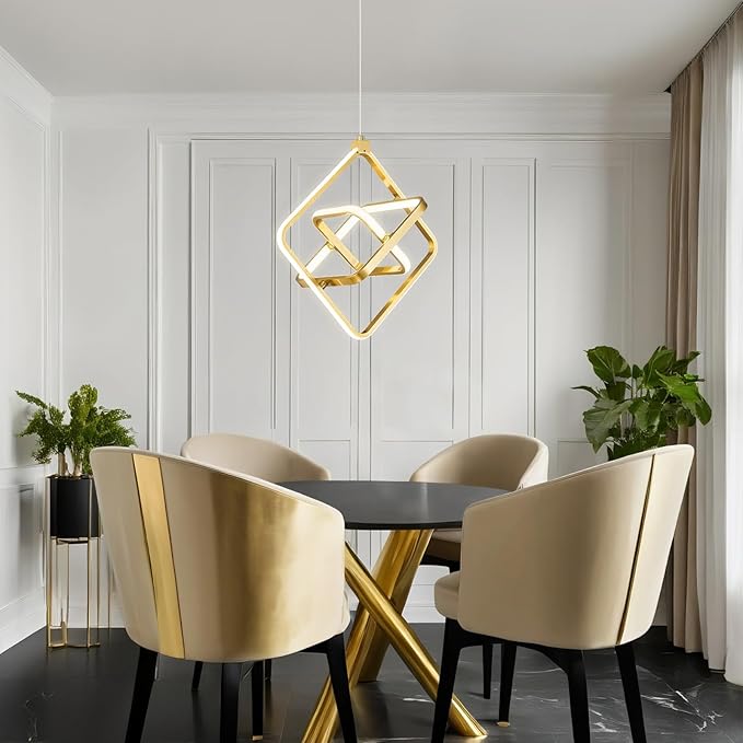 Modern LED Pendant Light Gold Pendant Lights 4000K 35W Dimmable Height Adjustable Pendant Lighting Rectangle Chandelier for Kitchen Island Dining Room Bedroom Living Room Foyer（3-Ring）