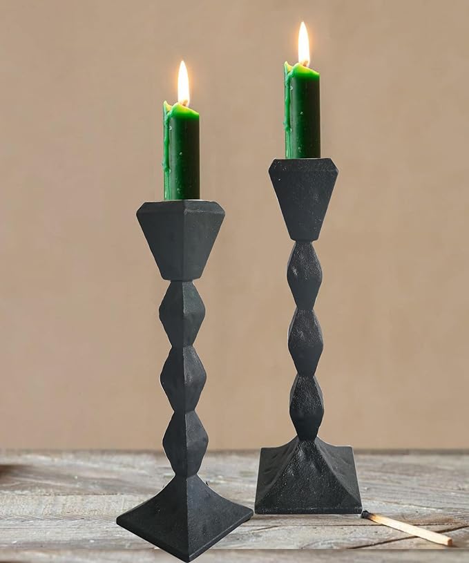 Antique Iron Taper Candle Holders - Set of 2 Decorative Candlesticks, Black Finish Candle Stand for Weddings, Dining, and Parties (Black, Square)