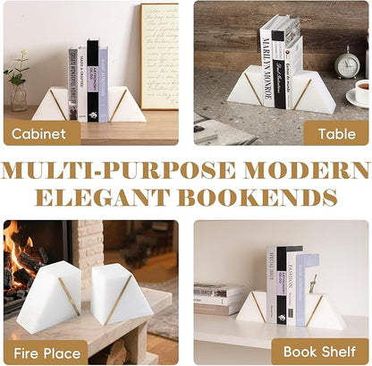 Natural Marble Bookends for Shelves, Decorative Book Ends for Heavy Books, Heavy Duty Mid Century Modern White and Gold Stone Book Holders with Brass Inlay, Unique Bookshelf Stopper Decor, Set of 2
