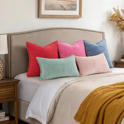 decorUhome Spring Chenille Soft Throw Pillow Covers 12x20 Set of 2, Lumbar Velvet Farmhouse Neutral Decorative Pillow Covers with Stitched Edge for Couch Sofa Bed Home Decor, Christmas Red